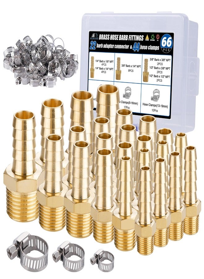 Ailbiuko 22Pcs Brass Hose Fittings, 3/8" Barb to 1/4" NPT, 1/4" Barb to 1/4" NPT Male, 1/8" 1/4" 3/8" 1/2" Barbed Air Hose Kit with 44Pcs Pipe Hose Clamps - Image 1